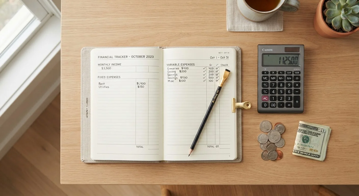 A budgeting notebook, calculator, and coins arranged on a clean desk