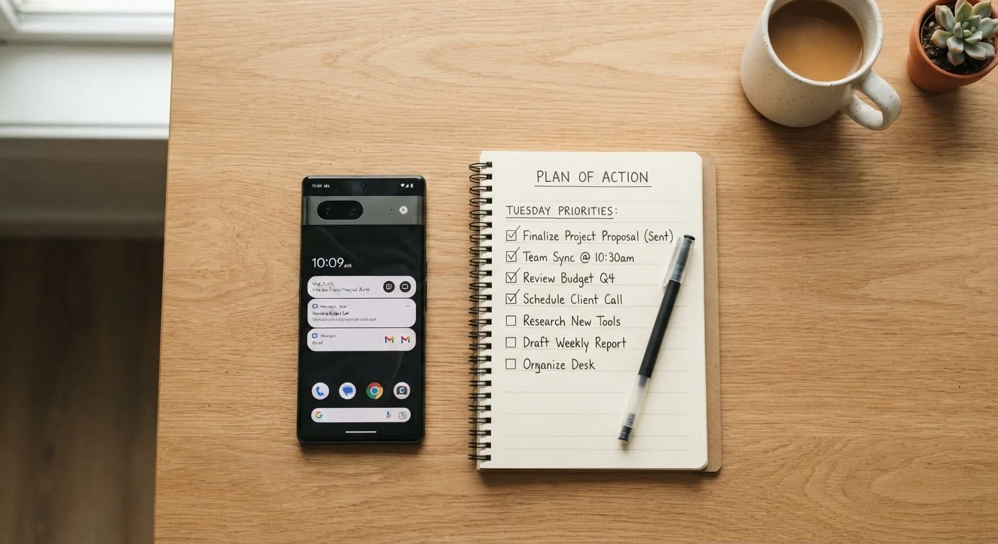 A smartphone and handwritten checklist on a clean desk, suggesting a thoughtful pre-purchase routine