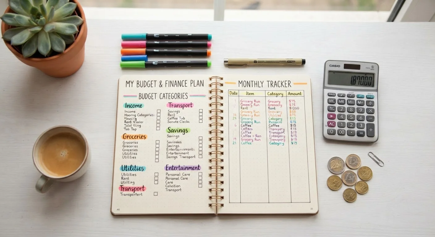Notebook with budget categories, markers, calculator, and coins arranged on a white desk.