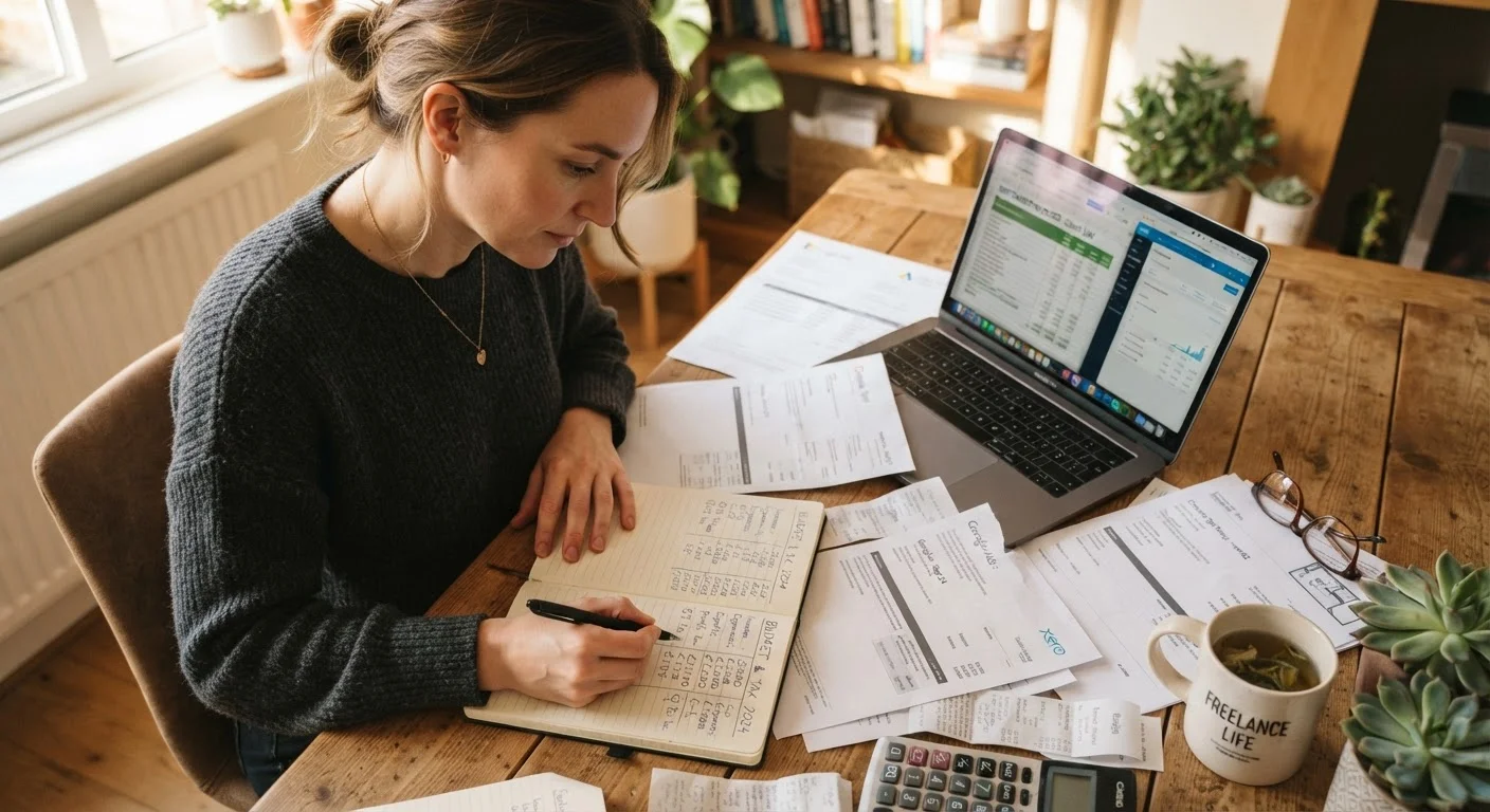 Freelancer reviewing budget spreadsheet and invoices at a home office desk
