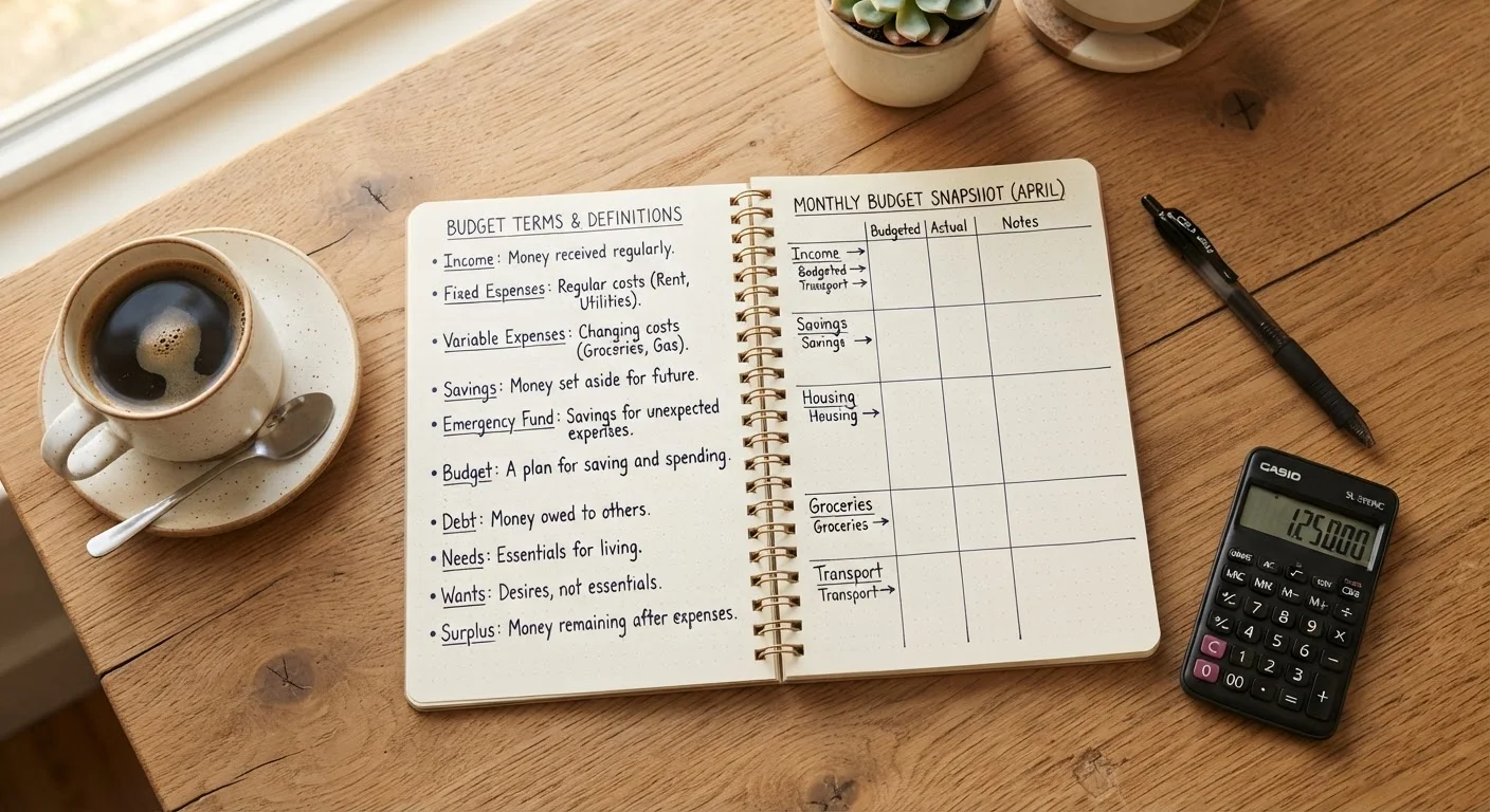 Notebook with budgeting terms written out alongside a calculator and pen on a desk