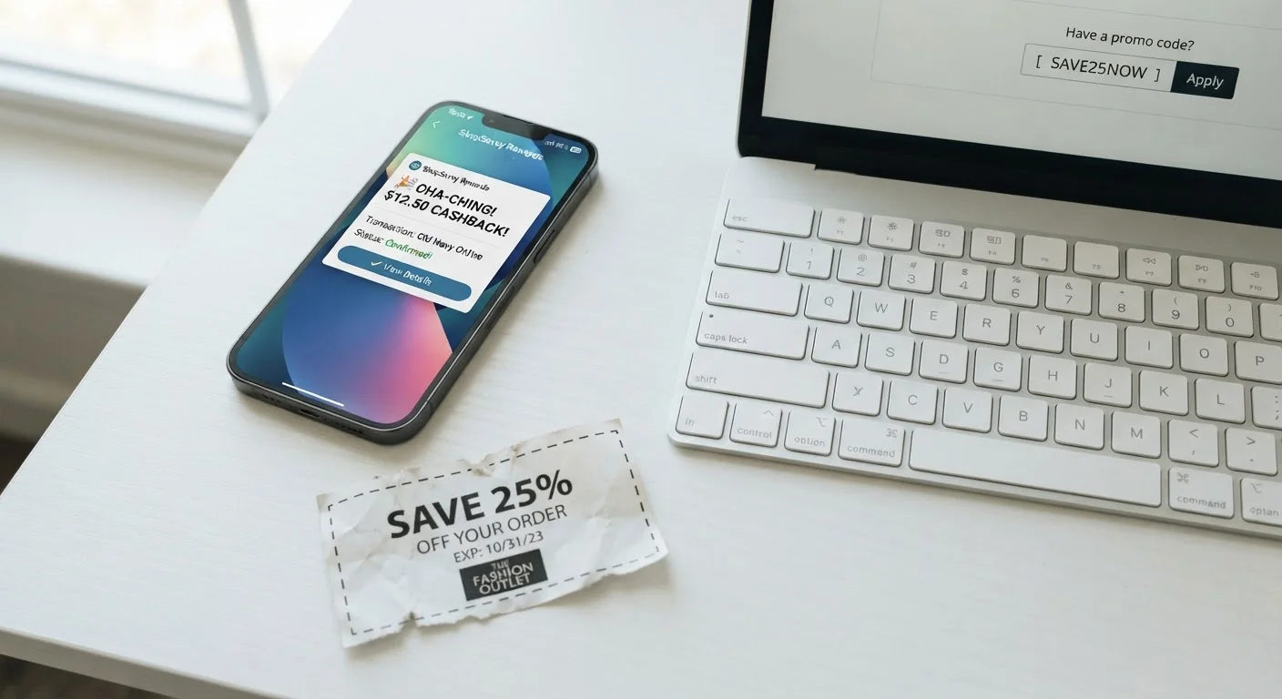 Smartphone with cashback app, paper coupon, and promo code entry on a desk