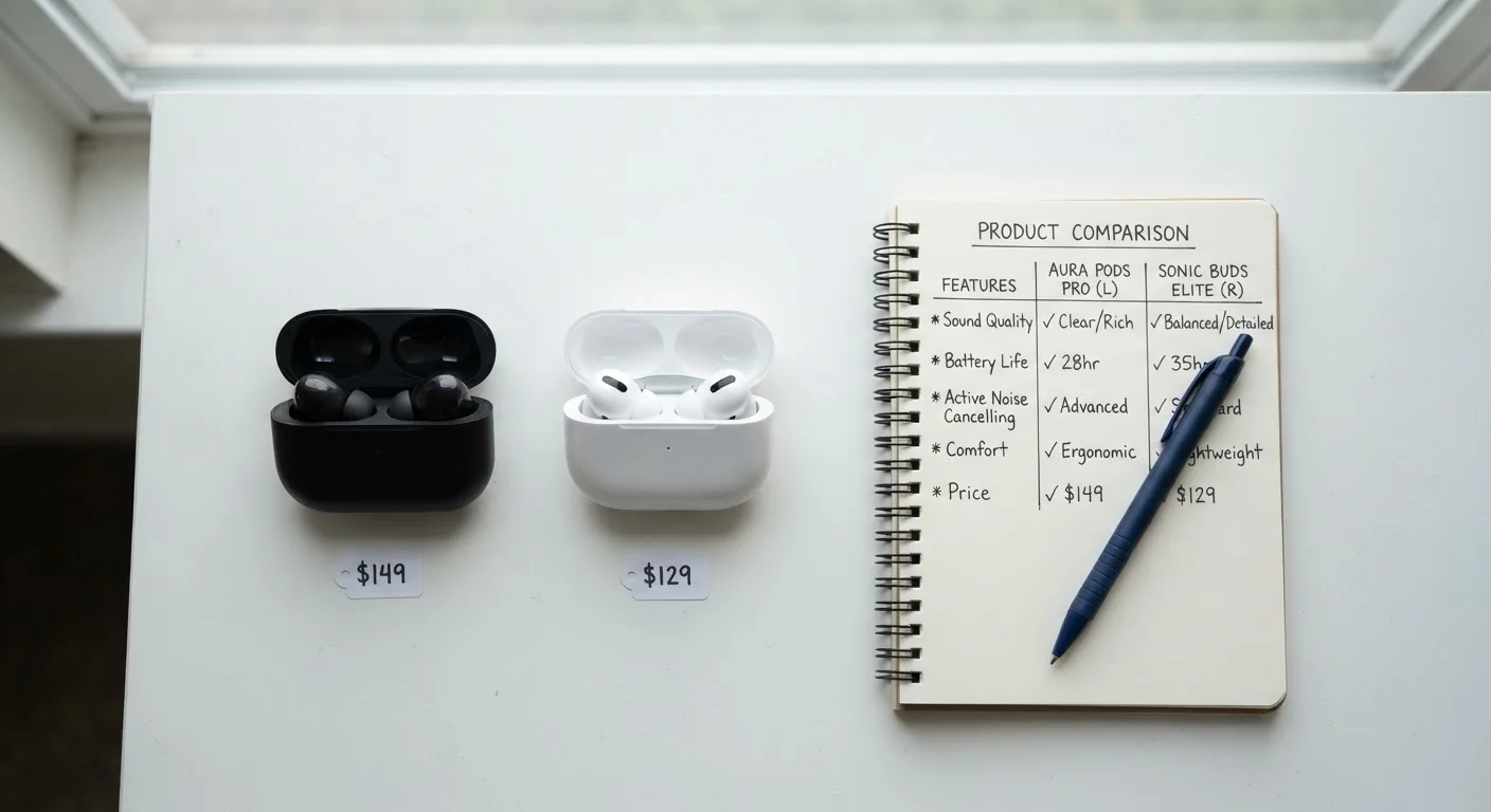 Two similar products placed side by side next to a checklist notepad and price tags