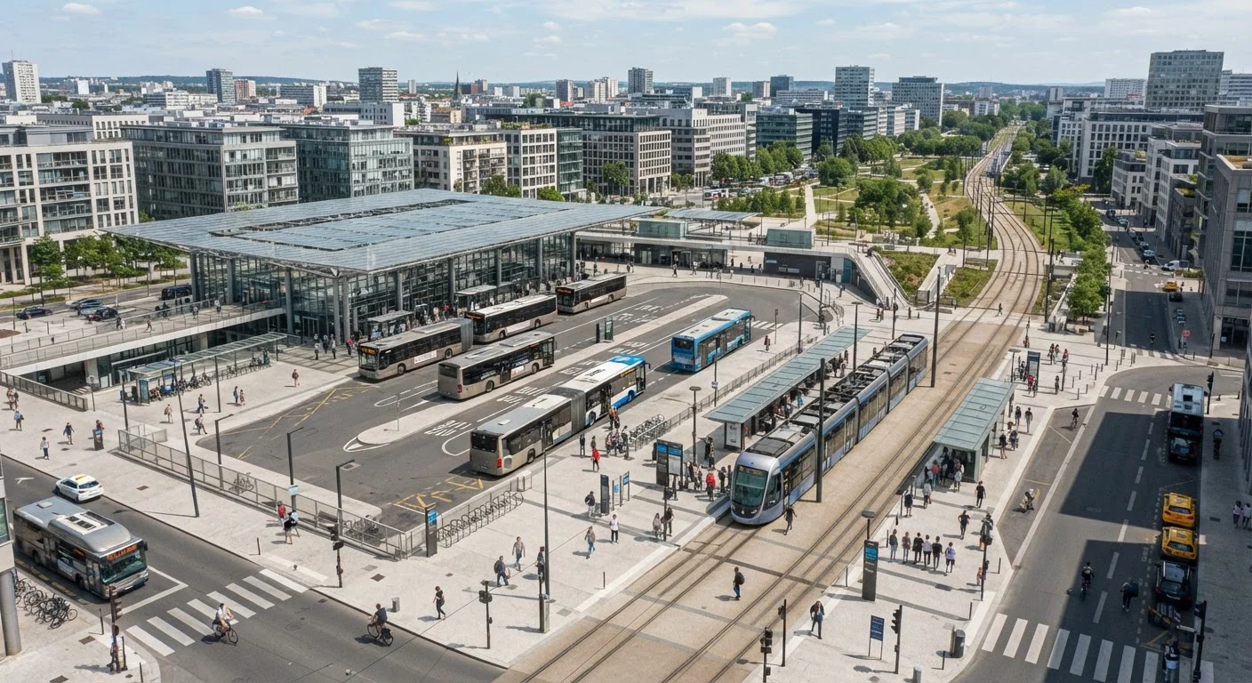 Aerial view of a busy urban transit hub with buses, light rail, and pedestrians.