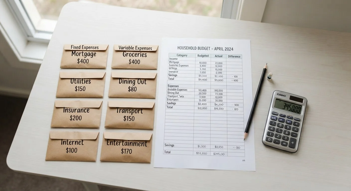 Budget worksheet with labeled expense envelopes organized into two groups on a white desk