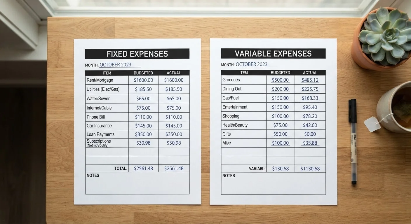 Two budget worksheets side by side comparing fixed and flexible household expenses on a desk