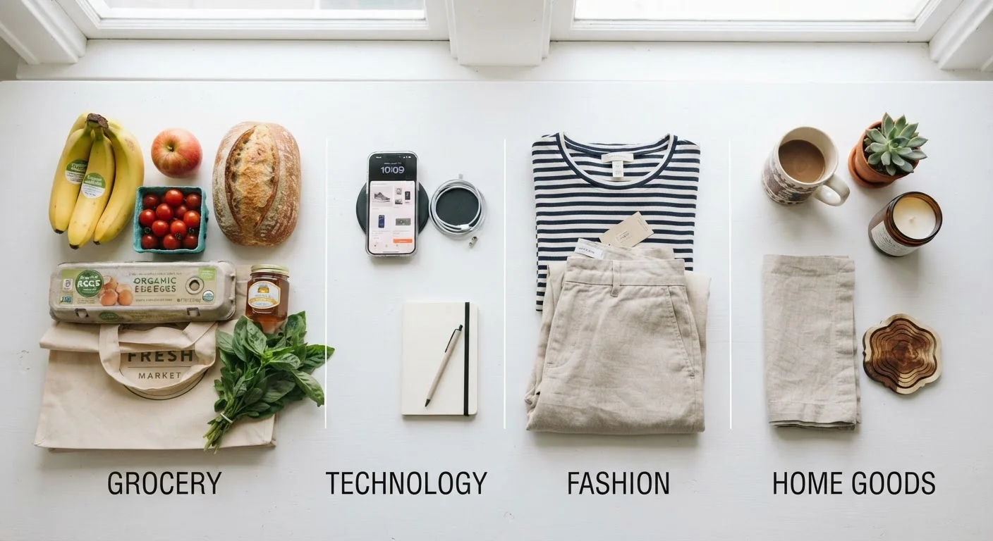 Grocery items, electronics device, and folded clothing arranged side by side on a white surface