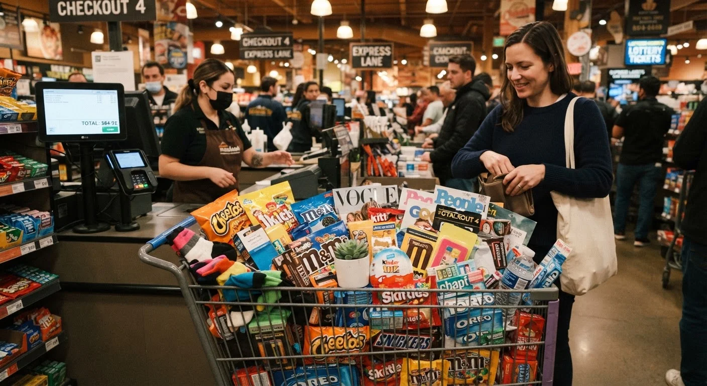 Overflowing shopping cart with impulse purchases near a retail checkout counter