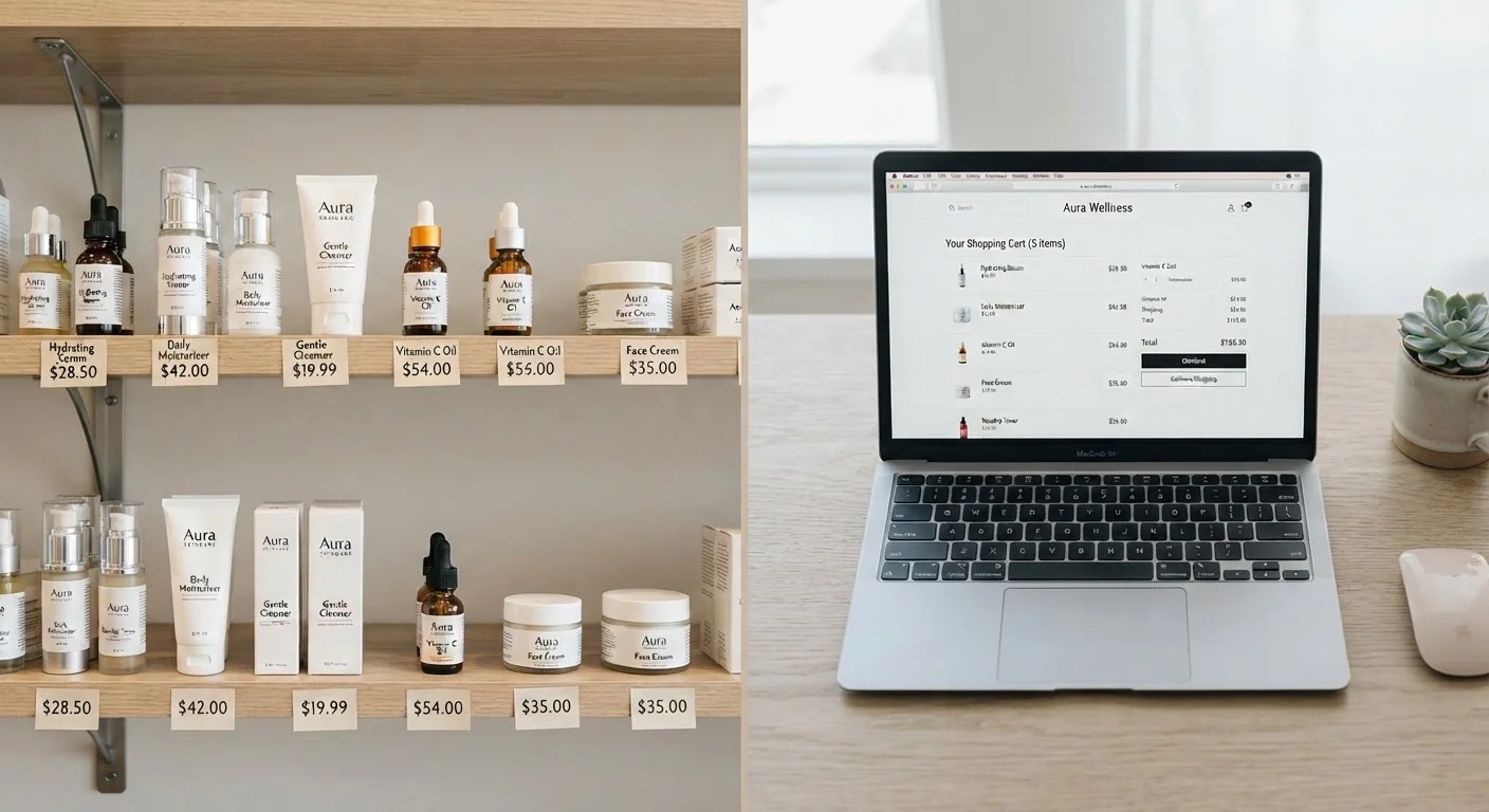 Split image comparing in-store retail shelf with price tags and an online shopping cart on a laptop