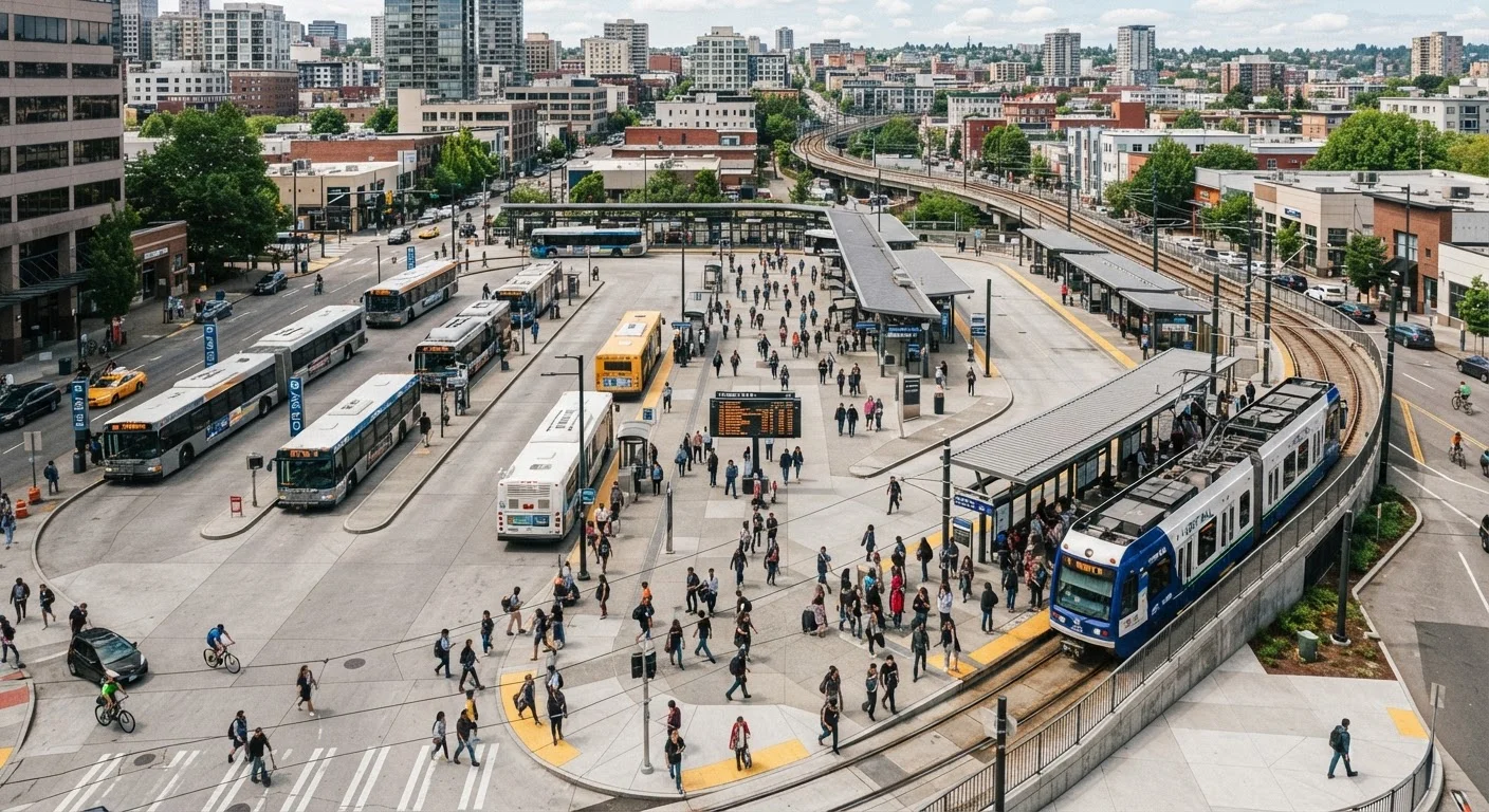 Aerial view of a busy city transit hub with buses, rail, and pedestrians