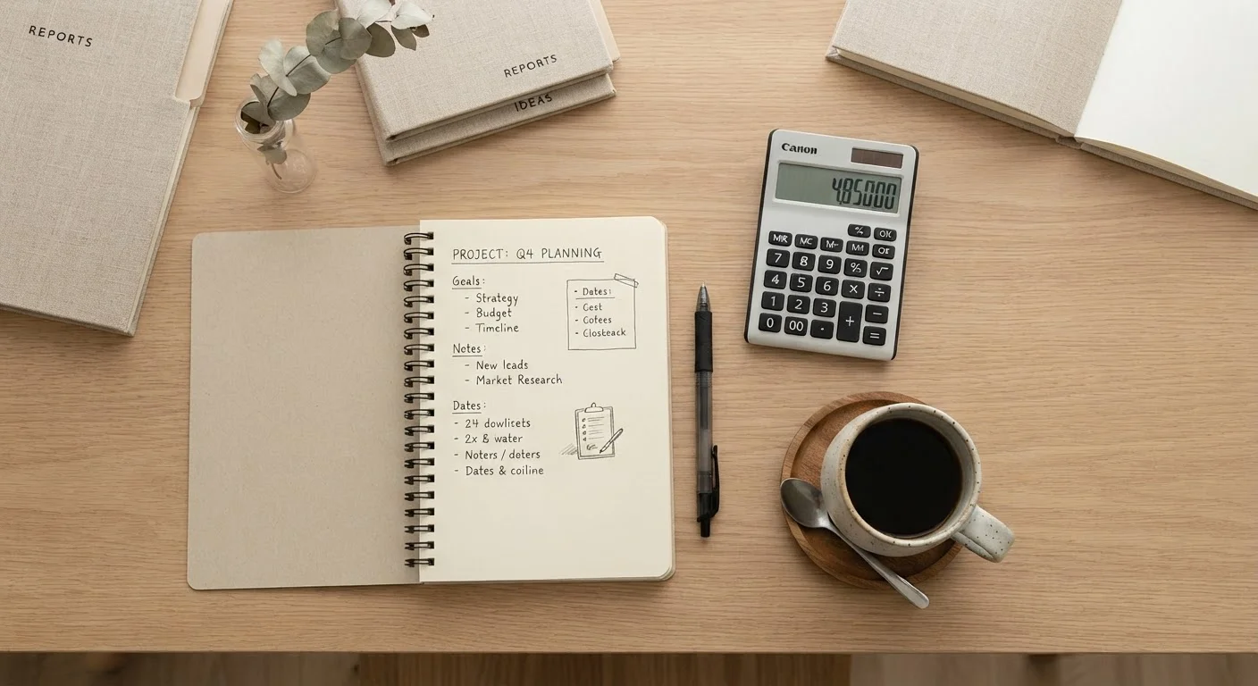A tidy desk with a notepad and calculator suggesting careful financial planning and decision-making