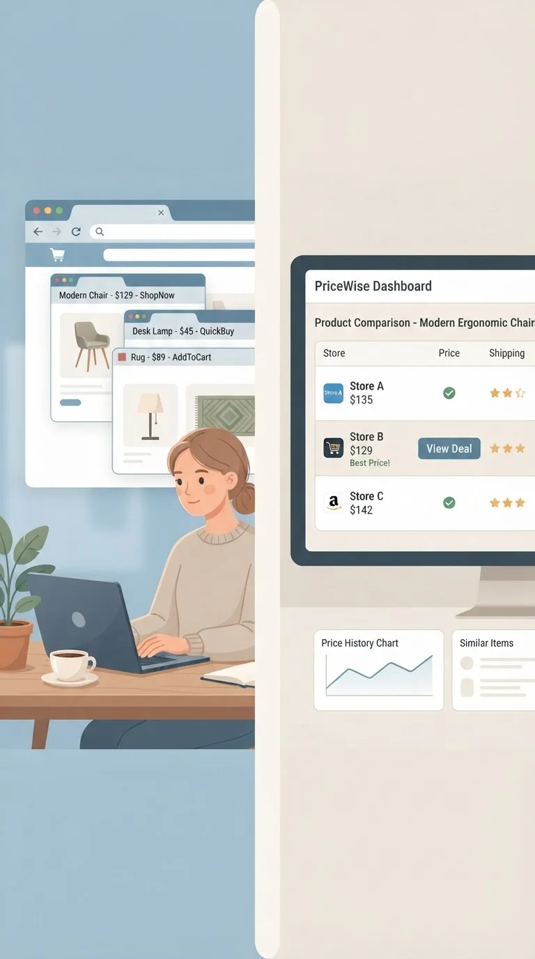 Split screen showing manual online shopping on laptop versus a price-comparison tool dashboard