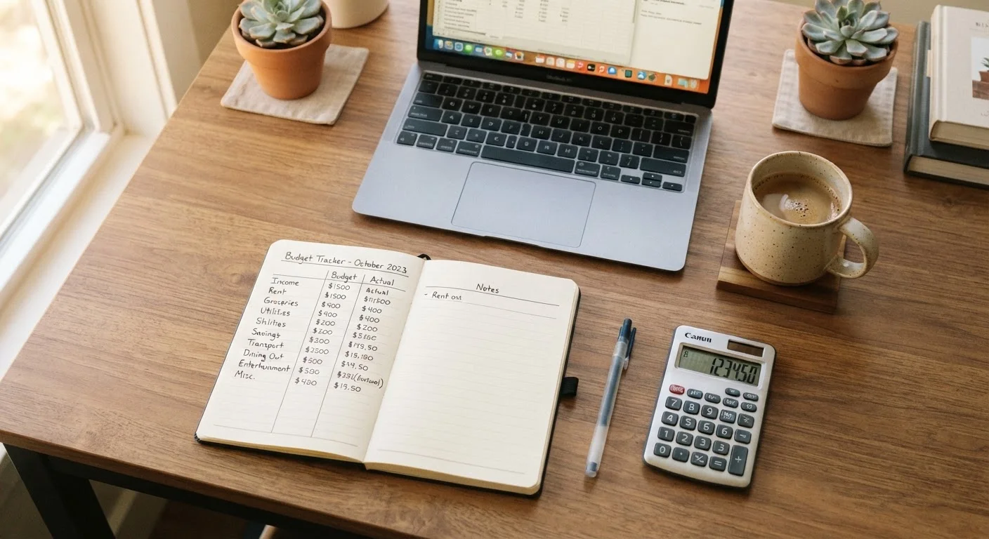 Open budget notebook with handwritten categories, pen, calculator, and coffee on a wooden desk