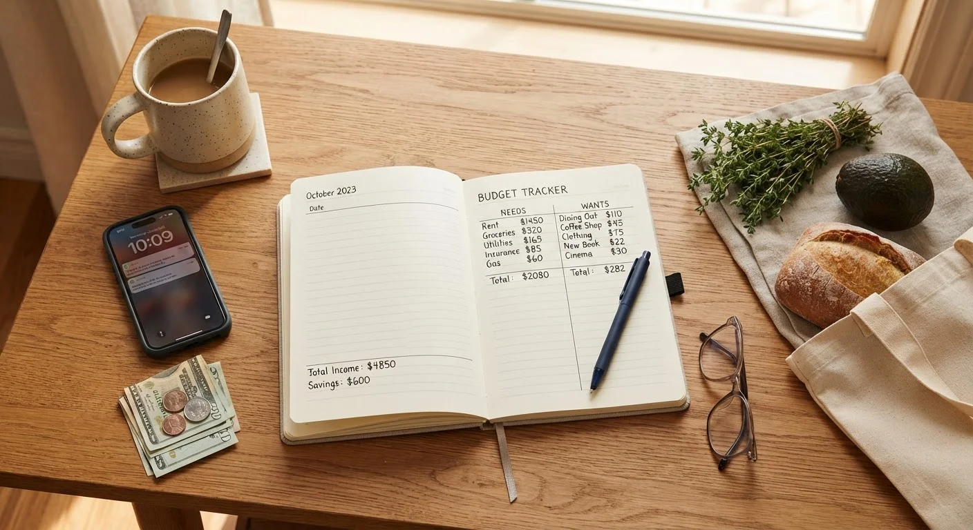 Open budget notebook with needs and wants columns alongside everyday household items on a wooden table