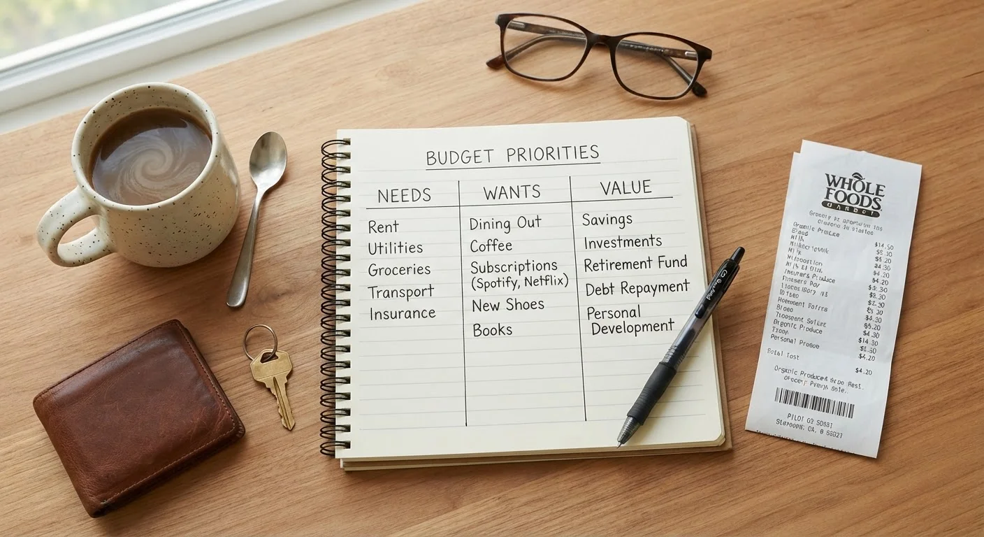 Notepad with three columns for needs, wants, and value surrounded by everyday shopping items