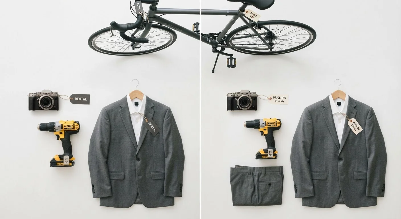 Everyday items including a camera, drill, suit, and bicycle arranged with rental and purchase price tags