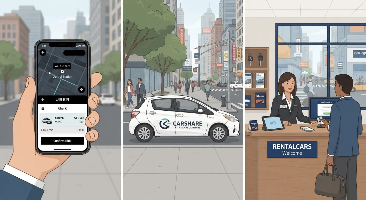 Smartphone with rideshare app, carshare vehicle on street, and rental car counter representing three mobility options
