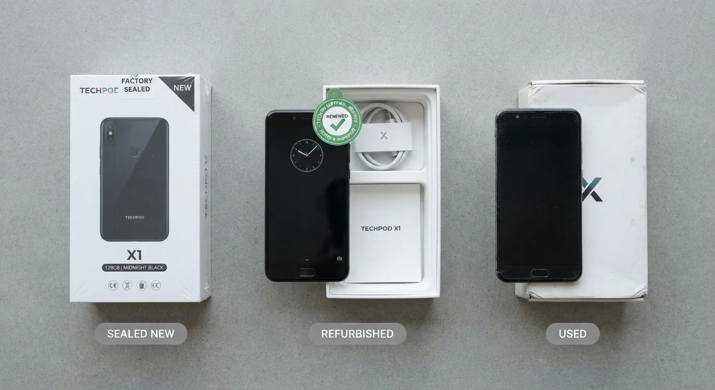Three versions of a consumer product shown side by side: new in box, refurbished with tag, and used with wear