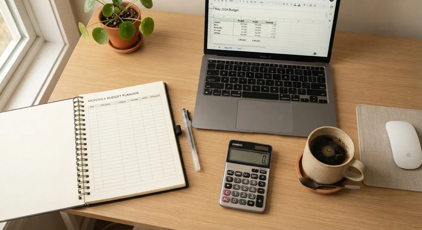 A notebook budget worksheet on a desk alongside a calculator, coffee, and laptop