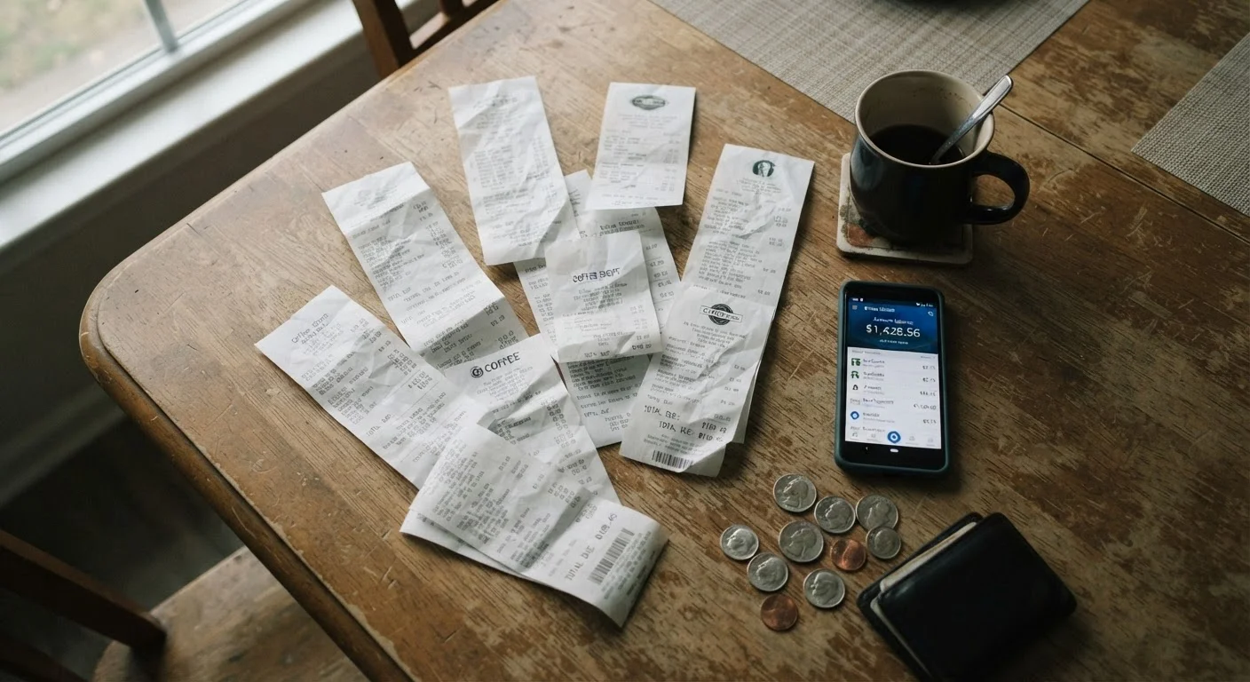 Kitchen table covered with receipts, coins, and a phone showing a banking app.