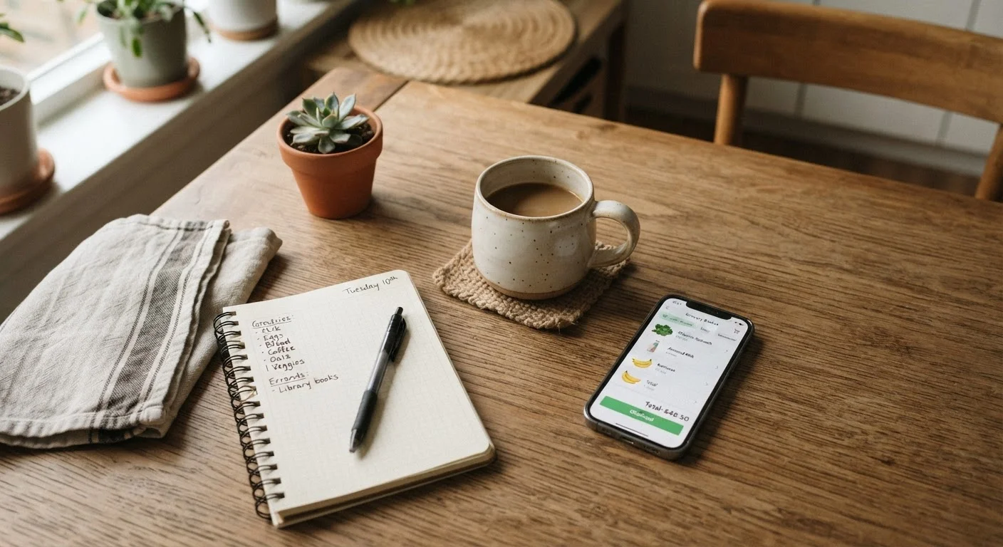 Organized shopping planning setup with notepad, coffee mug, and smartphone on a table