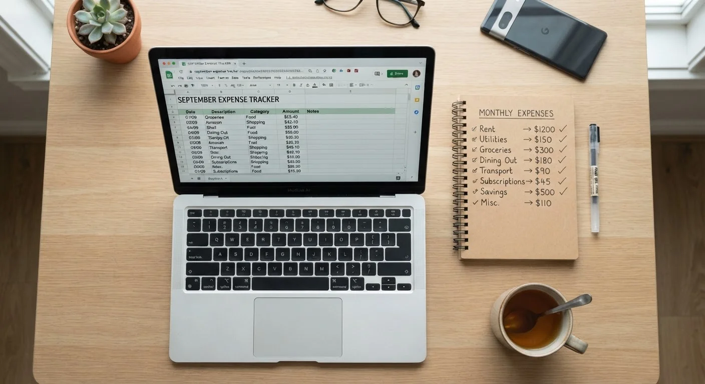 A laptop with a spreadsheet open beside a notebook tracking personal expenses on a clean desk