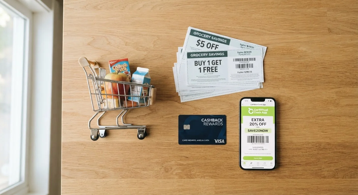 Shopping cart surrounded by coupons, a cashback card, and a smartphone displaying a promo code.