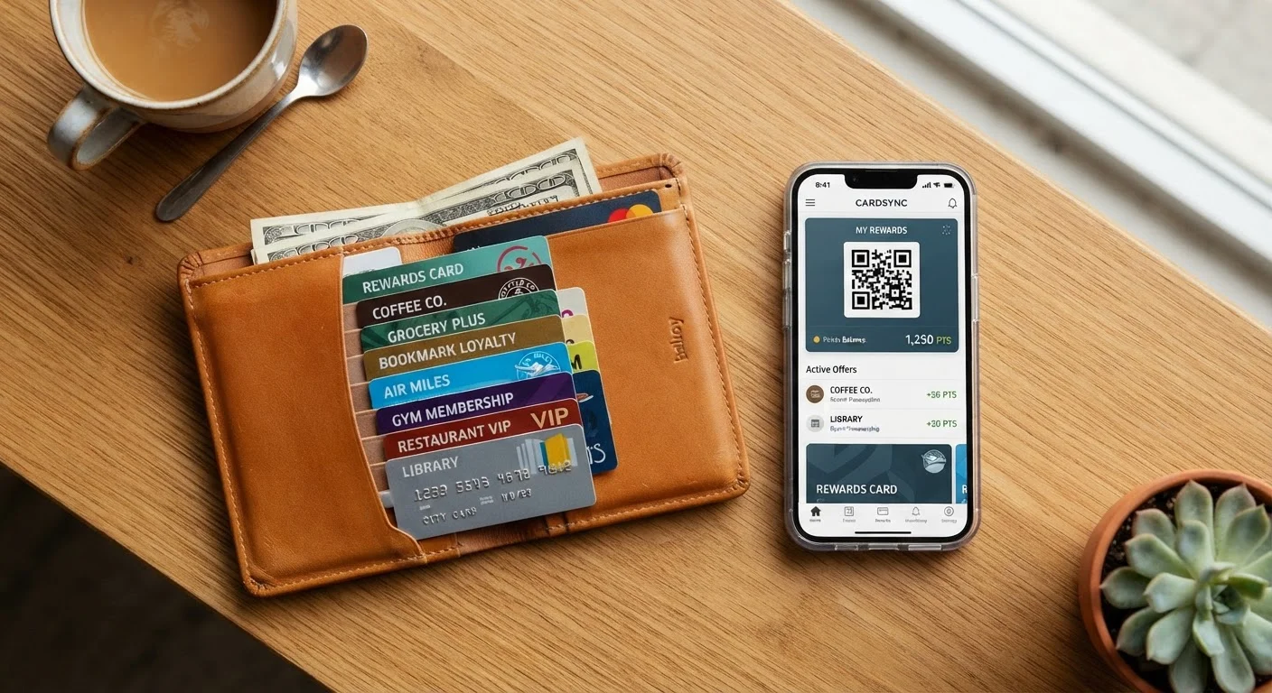 Open wallet with multiple store loyalty cards fanned out next to a smartphone showing a rewards app