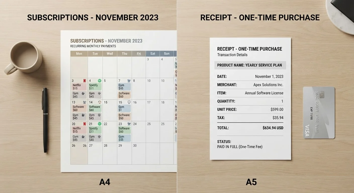 A split visual comparing a recurring subscription calendar with a one-time purchase receipt on a desk