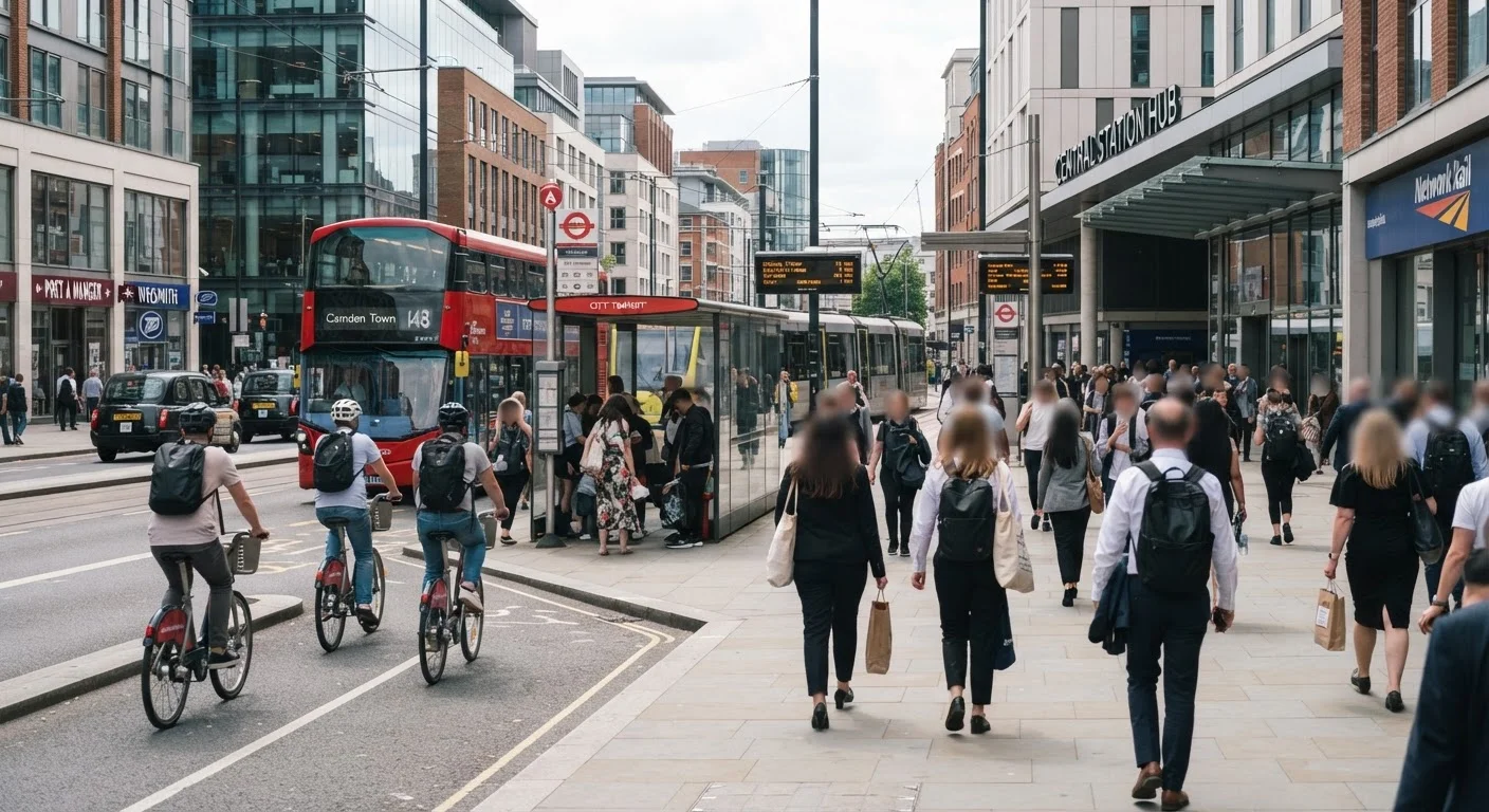 Cyclists, bus passengers, and pedestrians moving through a busy urban transit hub
