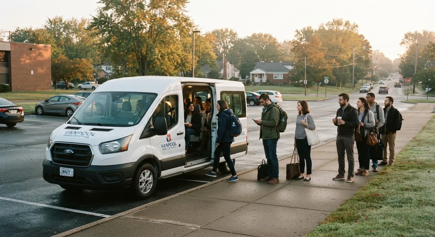 Commuters boarding a vanpool vehicle in a suburban parking lot at dawn