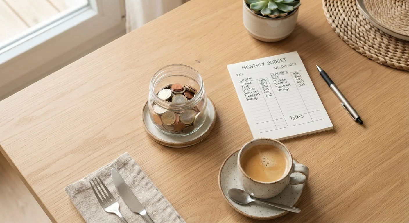 A kitchen table with a coin jar, budget notepad, and coffee cup in natural light