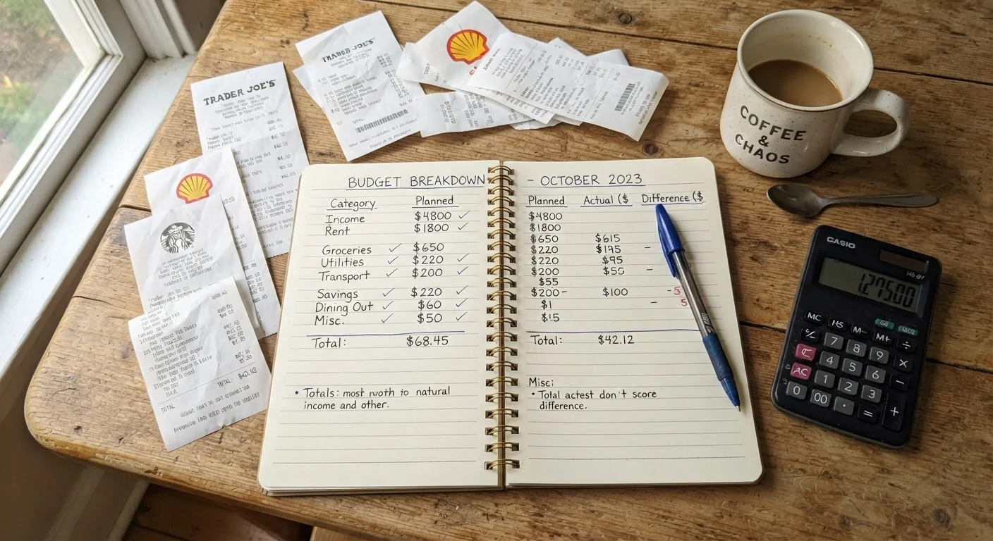 Overhead view of a budget notebook, receipts, pen, and calculator on a kitchen table