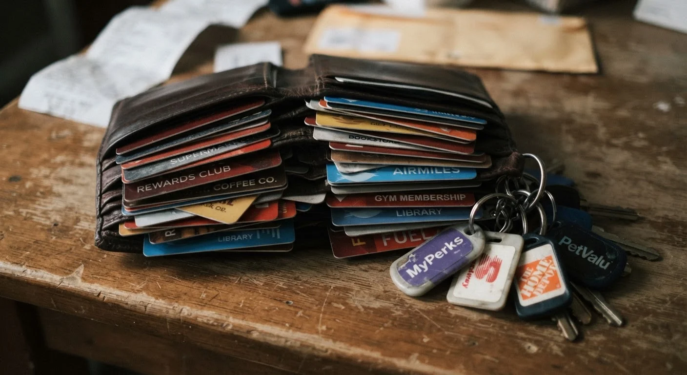 A wallet stuffed with multiple retail loyalty cards and keyfobs on a wooden surface.