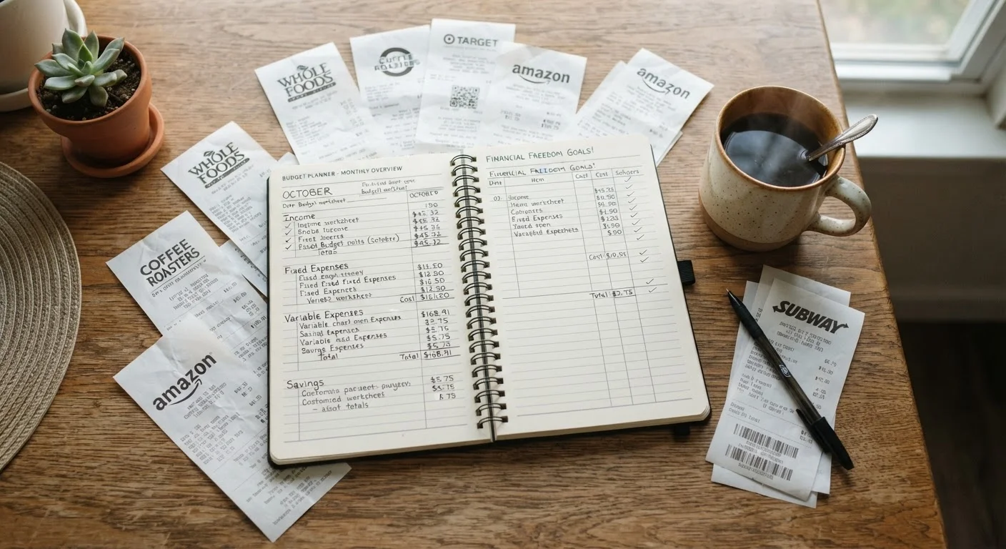 A budget worksheet on a kitchen table surrounded by receipts, a pen, and coffee.