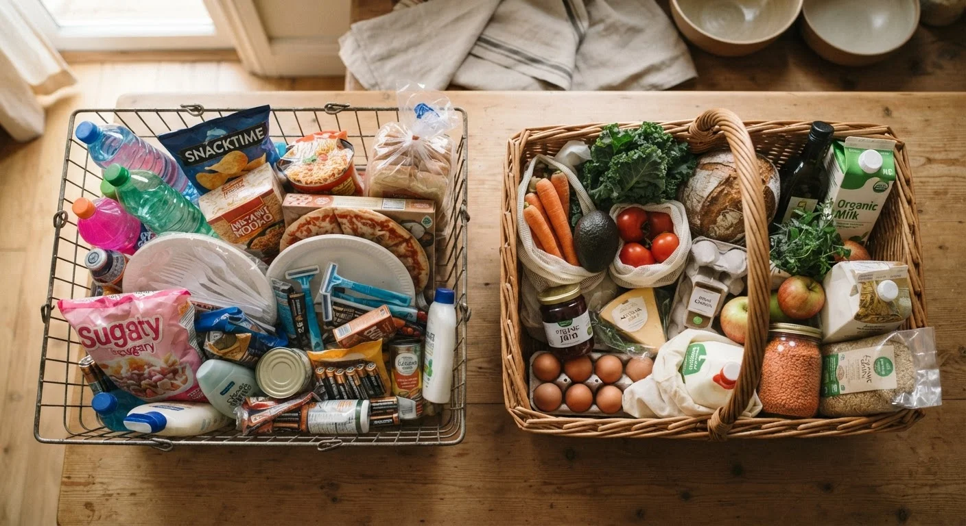 Two shopping baskets side by side contrasting cheap disposable items with higher-quality durable goods.