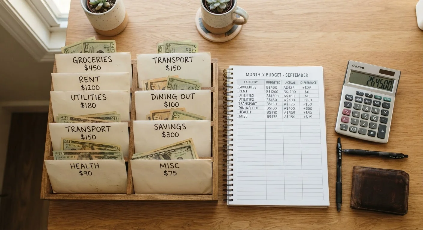 Labeled budget envelopes and a budgeting notebook laid out on a desk with a calculator